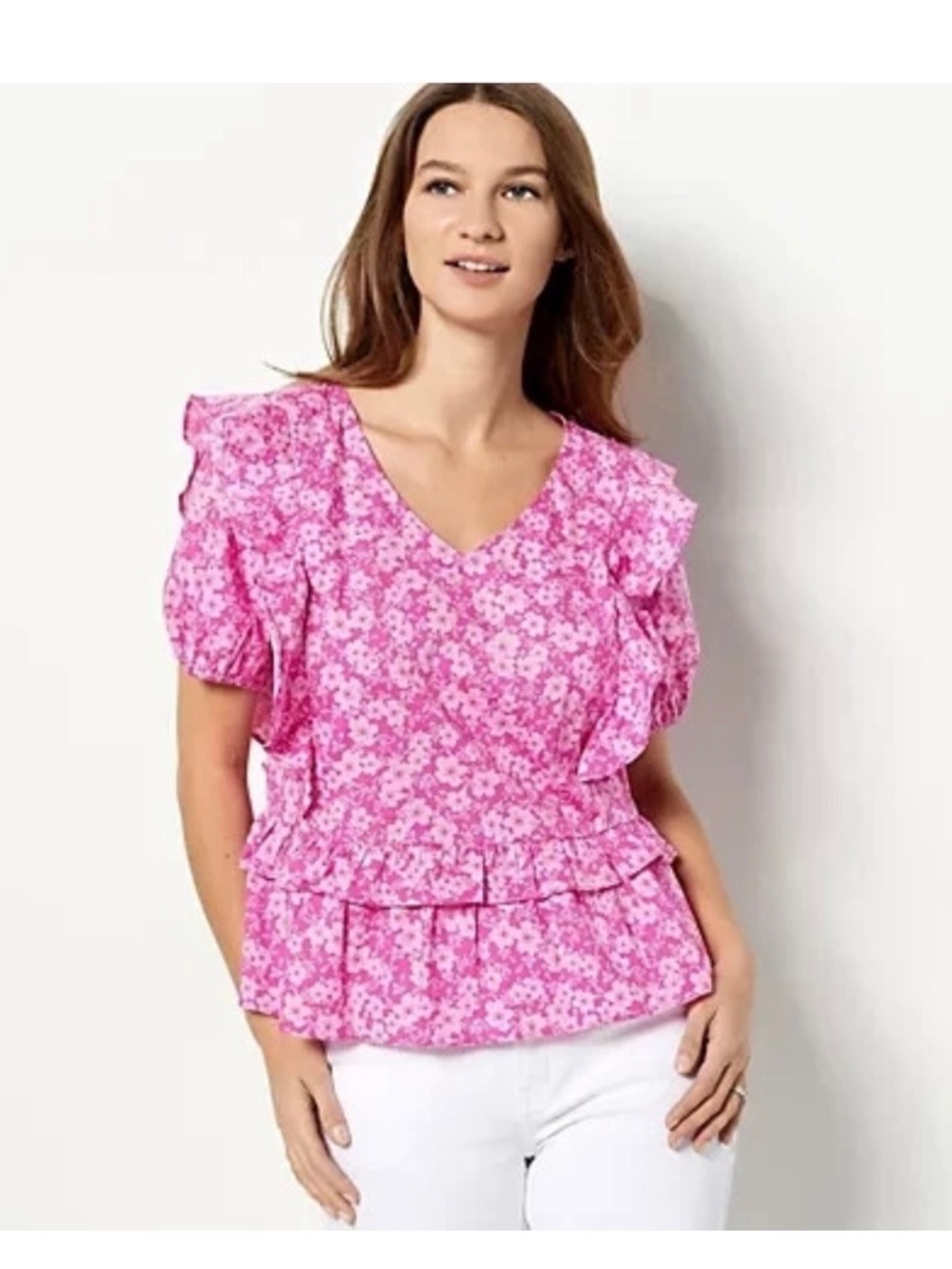 Candace Cameron Bure Ruffle Detail Peplum V-Neck Blouse. Sz S.
